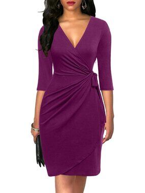 Women's Purple 3/4 Sleeve Faux Elegant V Neck Bodycon Midi Knee Wrap Dresses